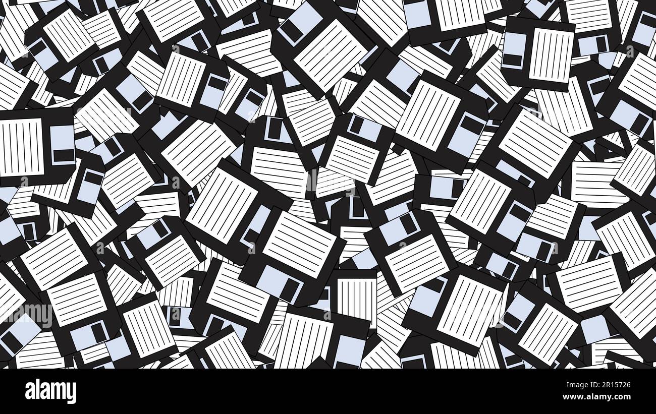 Computer senza cuciture senza fine con vecchi dischi floppy retrò bianco hipster da 70s, 80s, 90s isolato su sfondo bianco. Vettore illustrati Illustrazione Vettoriale