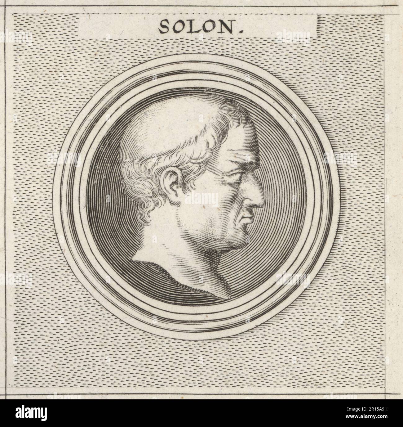 Solon, statista ateniese, legislatore e poeta costituzionale, c.630-560 a.C. Incisione su copperplate dopo un'illustrazione di Joachim von Sandrart dalla sua Academia Todesca, della architettura, scultura & Pittura, oder Teutsche Academie, der Edlen Bau- Bild- und Mahlerey-Kunste, Accademia tedesca di architettura, scultura e pittura, Jacob von Sandrart, Norimberga, 1675. Foto Stock