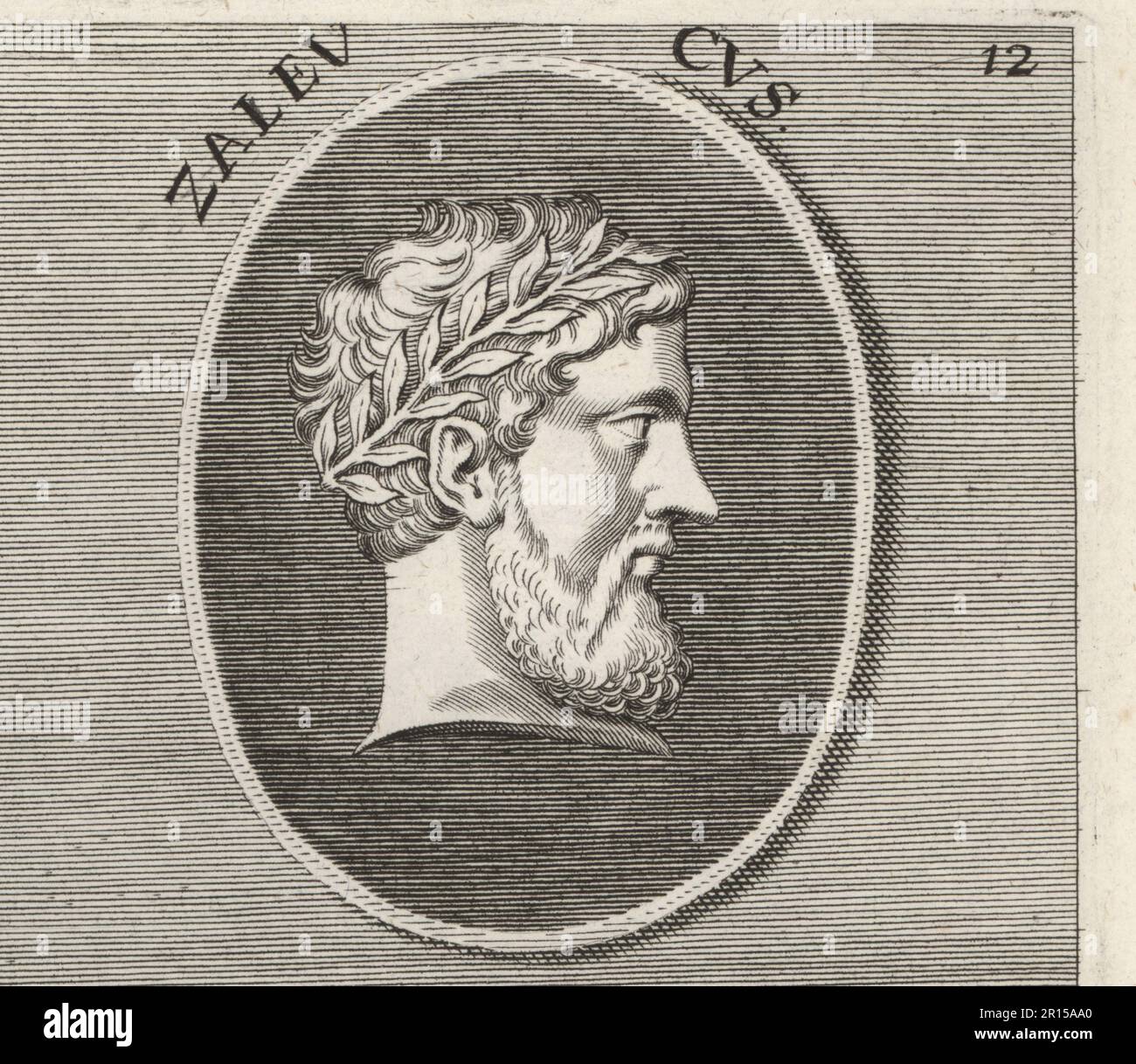 Zaleucus, legislatore greco di Epizephyrian Locris in Italia, 7th ° secolo AC. Ideò il codice Locrian. Incisione su copperplate dopo un'illustrazione di Joachim von Sandrart dalla sua Academia Todesca, della architettura, scultura & Pittura, oder Teutsche Academie, der Edlen Bau- Bild- und Mahlerey-Kunste, Accademia tedesca di architettura, scultura e pittura, Jacob von Sandrart, Norimberga, 1675. Foto Stock