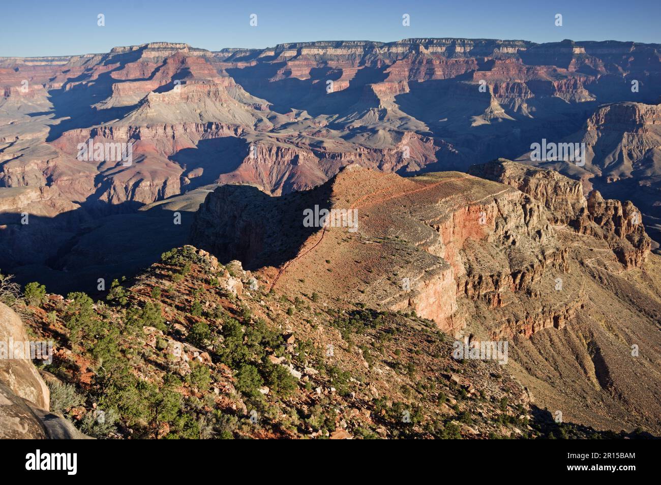 Vista del Grand Canyon dall'ONEILL Butte che guarda verso Skeleton Point e il South Kaibab Trail Foto Stock