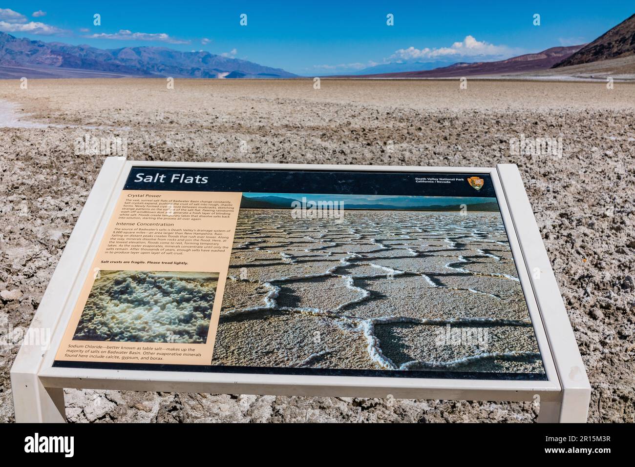 Badwater Basin è un bacino endorheic nel Parco Nazionale della Valle della morte, nella Valle della morte, nella Contea di Inyo, California, noto come il punto più basso del Nord America. Foto Stock