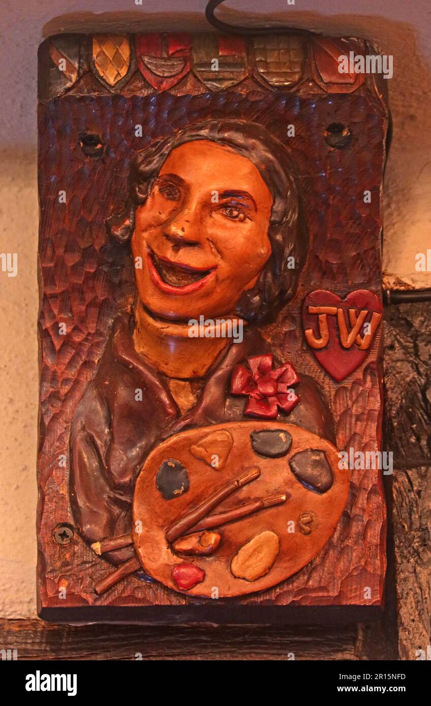Pickering Arms at Thelwall Village - sculture nel bar, Bell Lane, Thelwall, Warrington, Cheshire, Inghilterra, UK, WA4 2SU - scultura di un artista JW Foto Stock