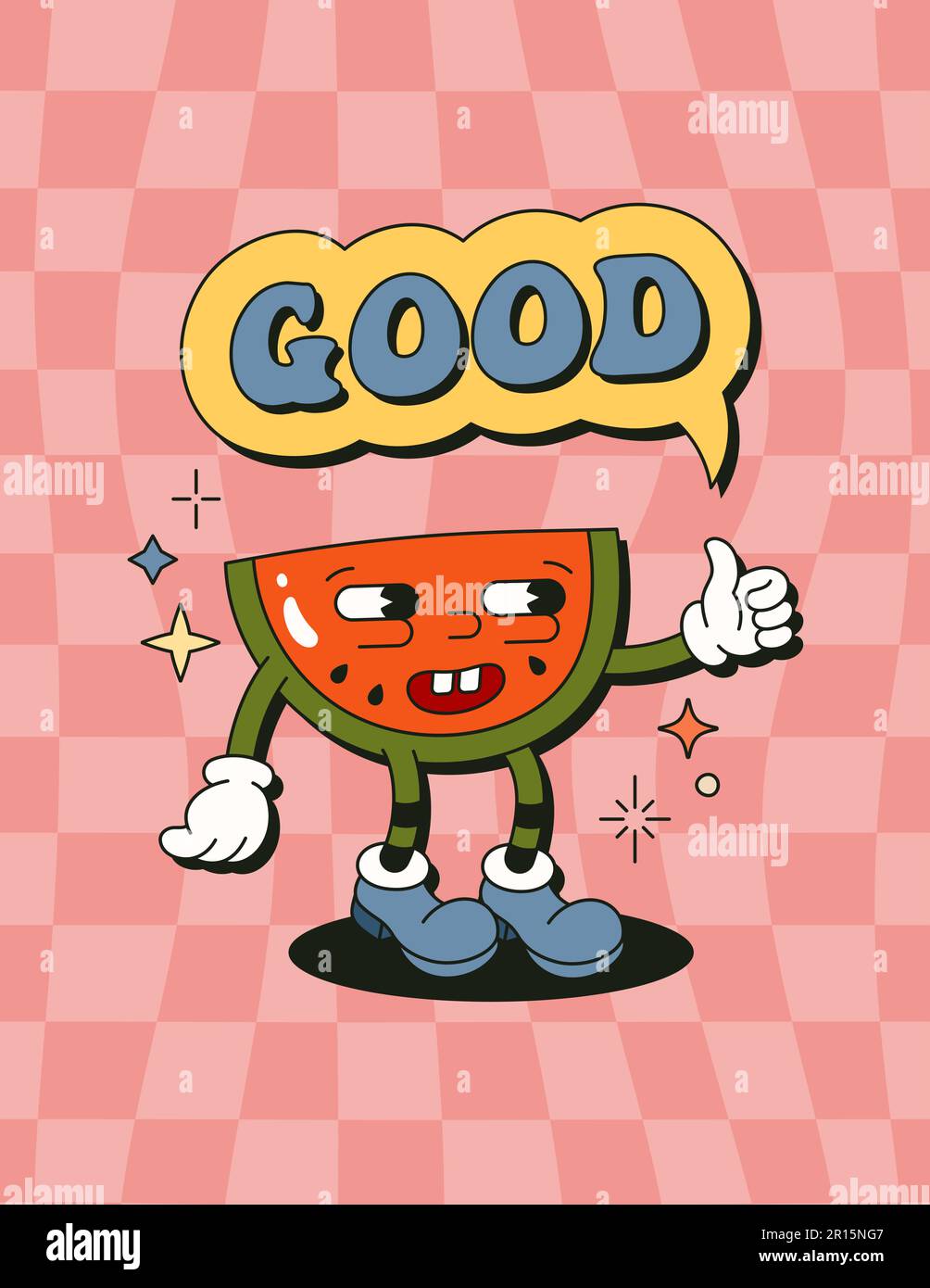 Poster retrò del personaggio di cocomero Cartoon. Illustrazione di fumetto Vector Funny in stile Groovy trendy per T-Shirt Print, Wall Art, Case Phone Illustrazione Vettoriale