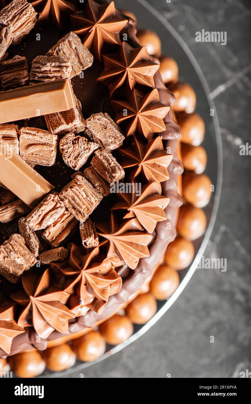 Torta al fango al cioccolato con ganache montate, gocce di cioccolato al latte e decorazioni. Foto Stock