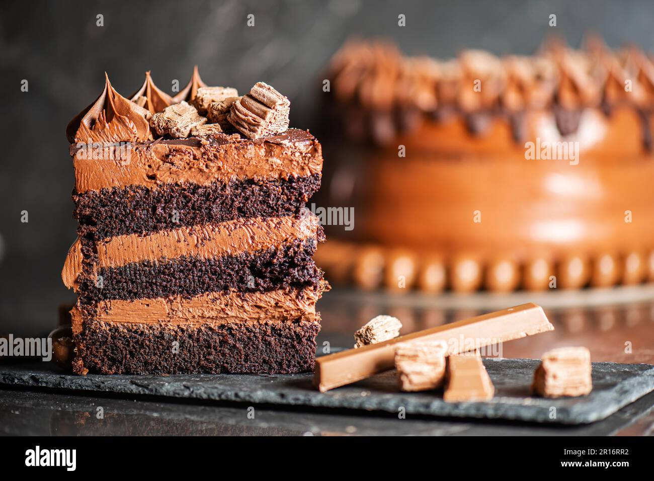 Torta al fango al cioccolato con ganache montate, gocce di cioccolato al latte e decorazioni. Foto Stock