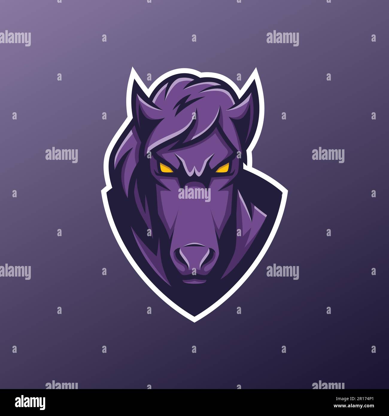 Testa di cavallo viola Mascot Logo - Animali Mascot e-sport Logo, Vector Illustration Design Concept. Illustrazione Vettoriale