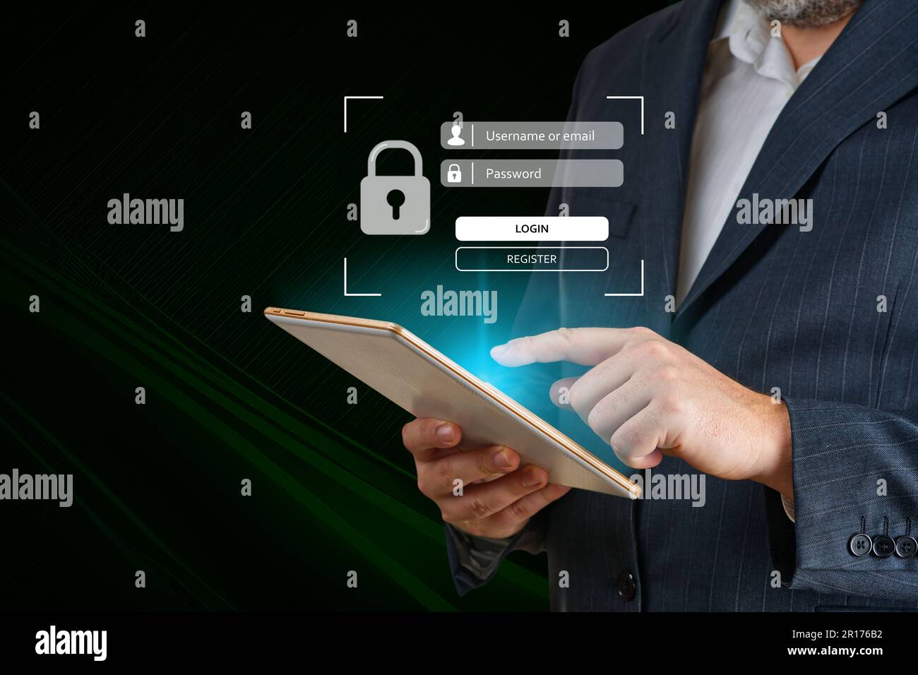 informazioni sulla landing page di accesso. Utente che digita login e password. Uomo della mano usa il telefono cellulare per accedere Foto Stock