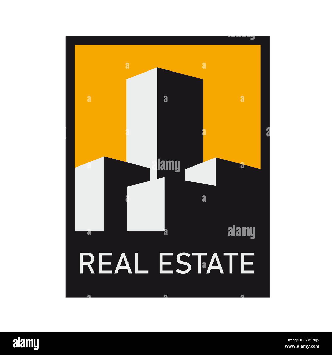 Edifici e grattacieli sul cielo arancione. Immobili residenziali e commerciali. Modello vettoriale, design del logo Illustrazione Vettoriale