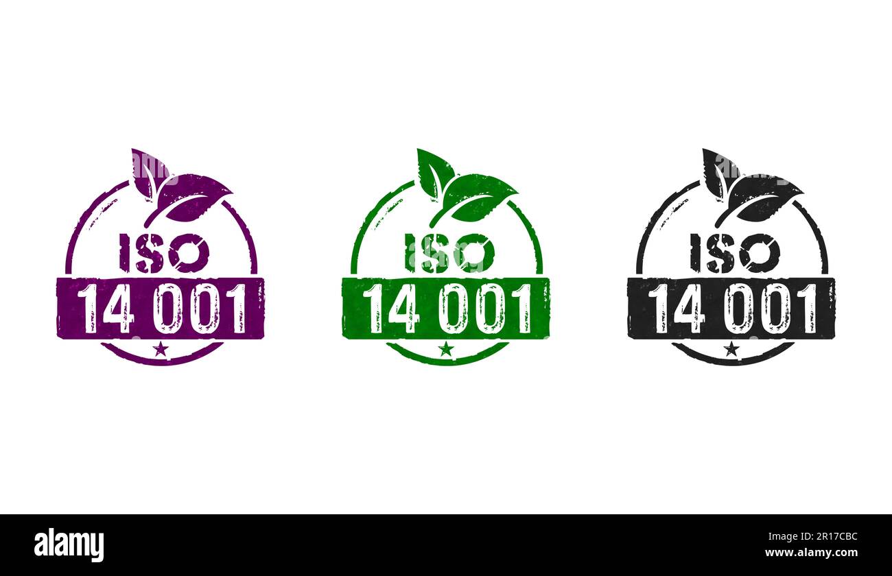 Icone di timbri certificate ISO 14001 in alcune versioni a colori. Illustrazione del rendering del concetto 3D del certificato di ecologia ambientale standard. Foto Stock