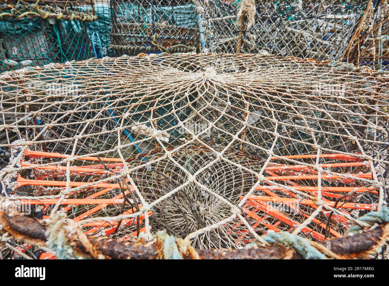 Particolare della lavorazione del ropework su una pentola di aragosta del pescatore, sulla riva a Teignmouth, Devon, Gran Bretagna. Foto Stock