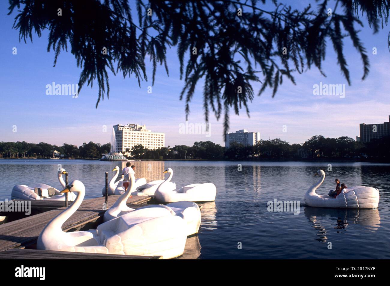 Swan Peddle barche e sullo skyline da Lake Eola di Orlando in Florida Foto Stock