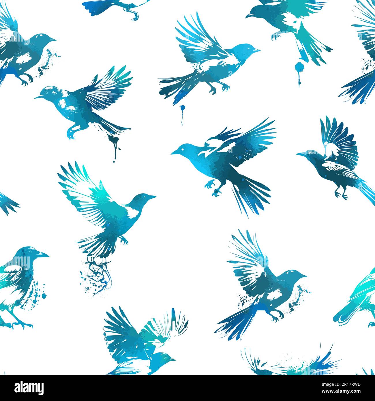 motivo senza cuciture blu e bianco con uccelli volanti. magpie volanti. Illustrazione vettoriale Illustrazione Vettoriale