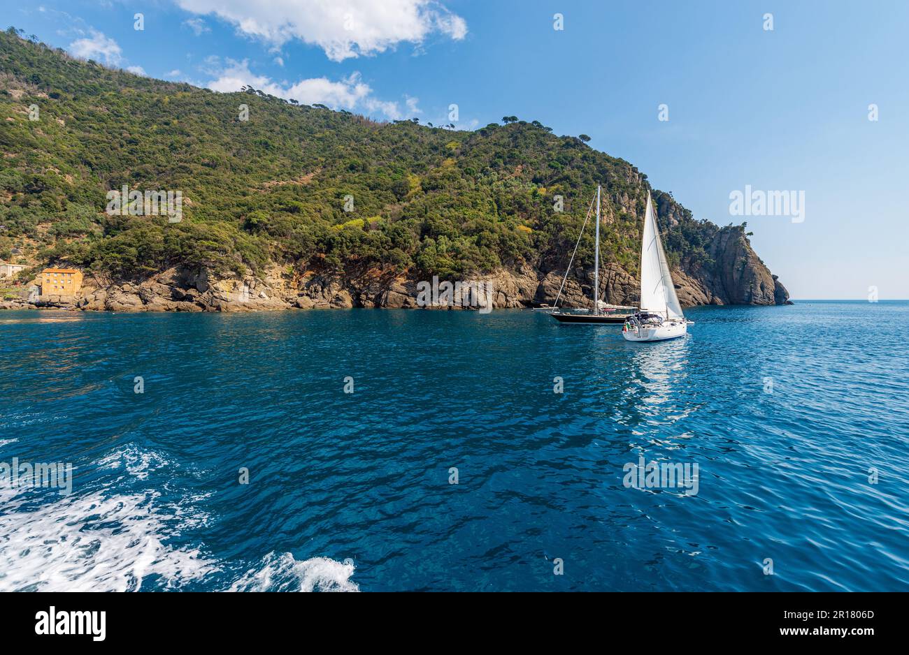 Barche a vela di fronte alla costa ligure, baia di San Fruttuoso tra Portofino e Camogli, provincia di Genova (Genova), Liguria, Italia, Europa. Foto Stock