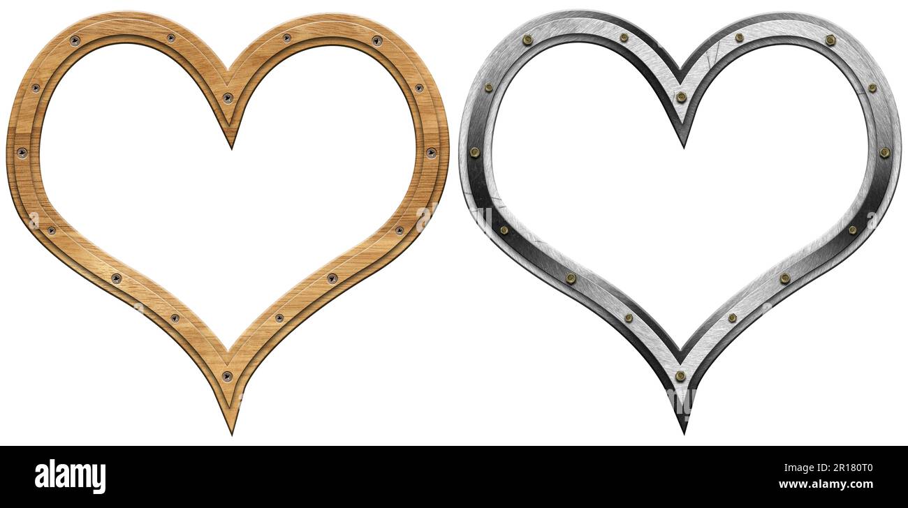 Due cuori vuoti con cornice in legno e metallo e spazio copia. Isolato su sfondo bianco. Illustrazione 3D. Foto Stock