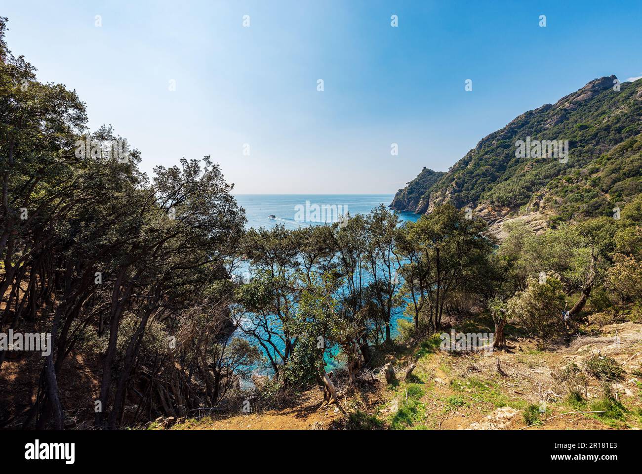 Veduta aerea della baia di San Fruttuoso, tra Camogli e Portofino, località turistica in provincia di Genova (Genova), Liguria, Italia, Europa. Foto Stock