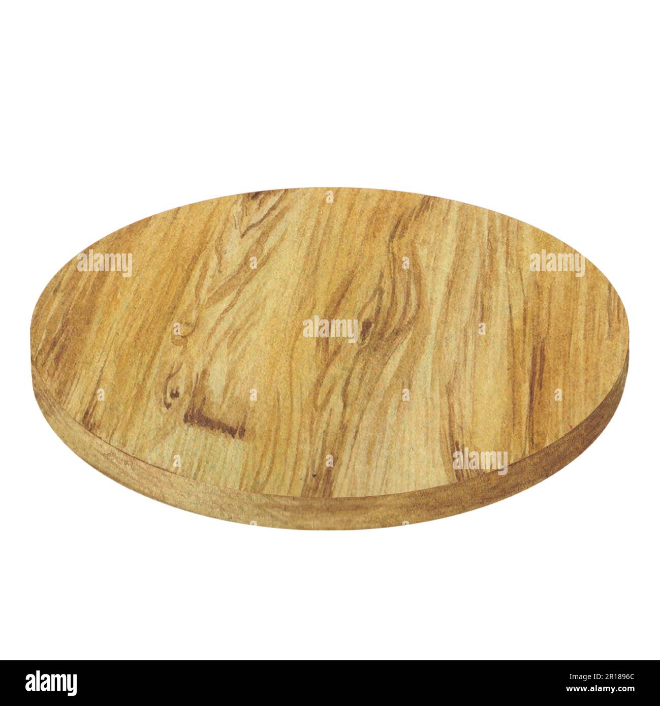 Acquerello illustrazione di tavola rotonda da taglio in legno per cucina, per campeggio su sfondo bianco. Disegnato a mano. Foto Stock