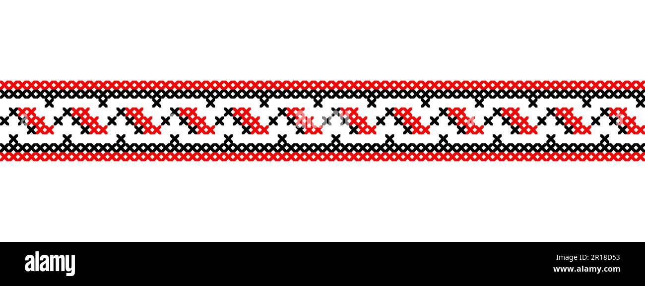 Ornamento vettoriale ucraino, confine senza giunture. Popolare ucraino, ricamo geometrico etnico. Ornamento nei colori rosso e nero. Pixel art, vyshyvanka Illustrazione Vettoriale