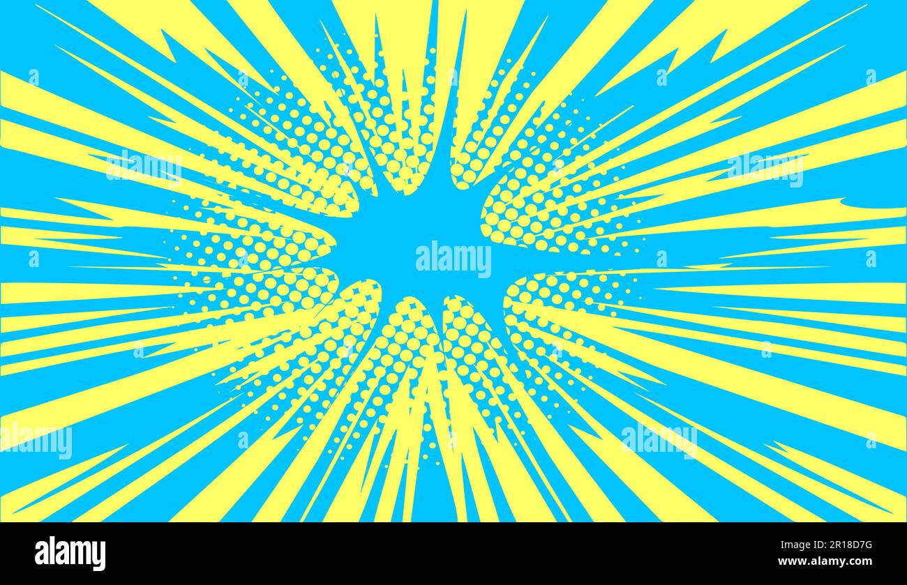 Sfondo giallo-blu con linee dinamiche di movimento. Raggi di luce, esplosione. Immagine vettoriale in stile manga e anime. Illustrazione Vettoriale