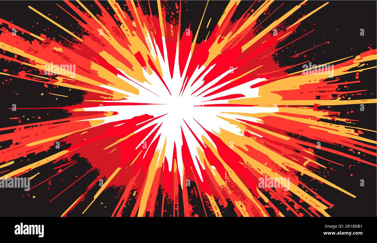Sfondo giallo-rosso-nero con linee di forza di esplosione. Immagine vettoriale in stile manga e anime. Illustrazione Vettoriale