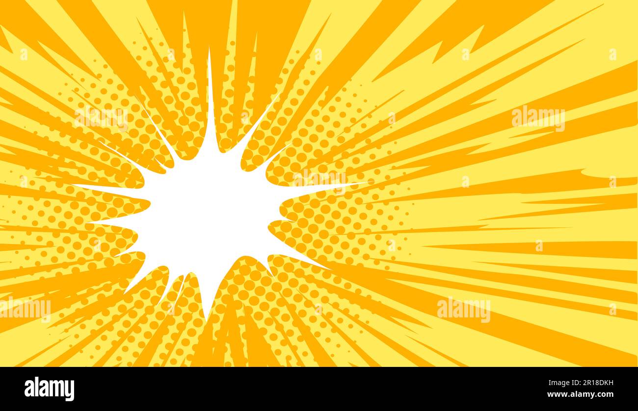 Sfondo giallo con linee dinamiche di movimento. Raggi di luce, esplosione. Immagine vettoriale in stile manga e anime. Illustrazione Vettoriale