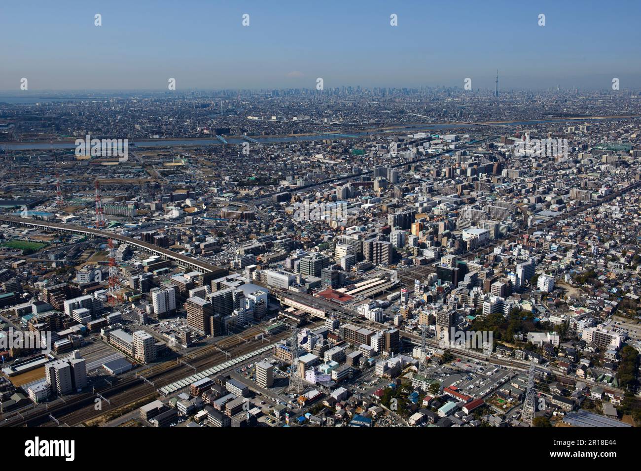 Nishi Funabashi Station ripresa aerea dalla metropolitana Est, area Skytree Foto Stock