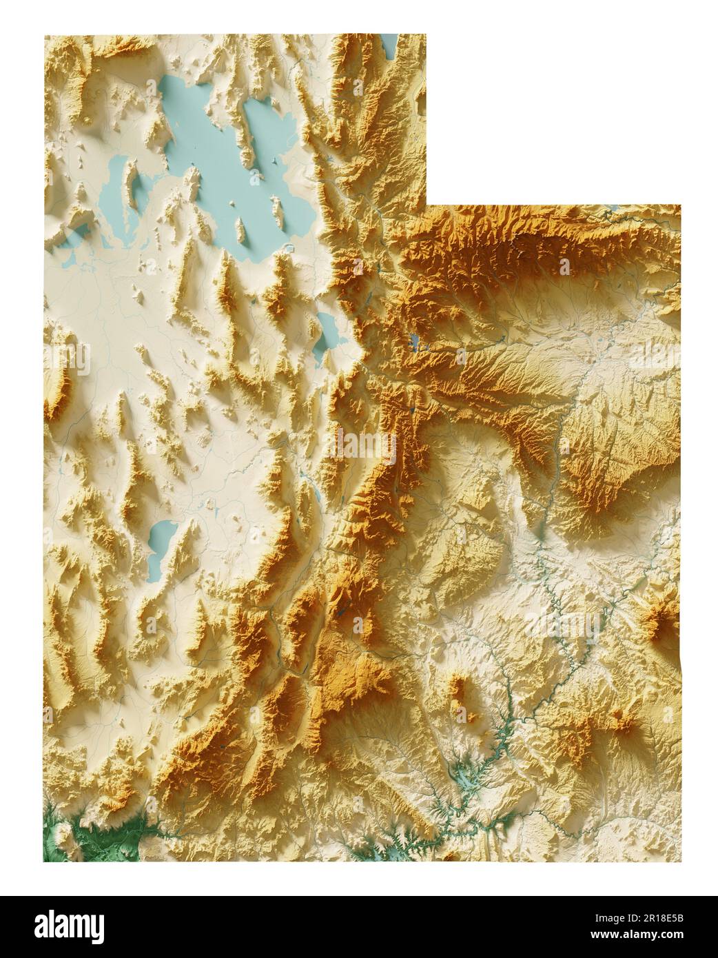 Stato dello Utah. Rendering 3D estremamente dettagliato di una mappa in rilievo ombreggiata con fiumi e laghi. Colorato dall'elevazione. Creato con i dati satellitari. Foto Stock