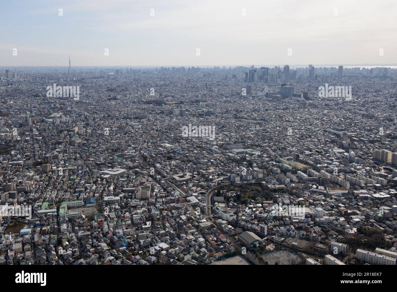 Stazione di Saginomiya ripresa aerea dal lato nord-ovest verso la torre dell'albero del cielo, centro città, direzione Shinjuku Foto Stock