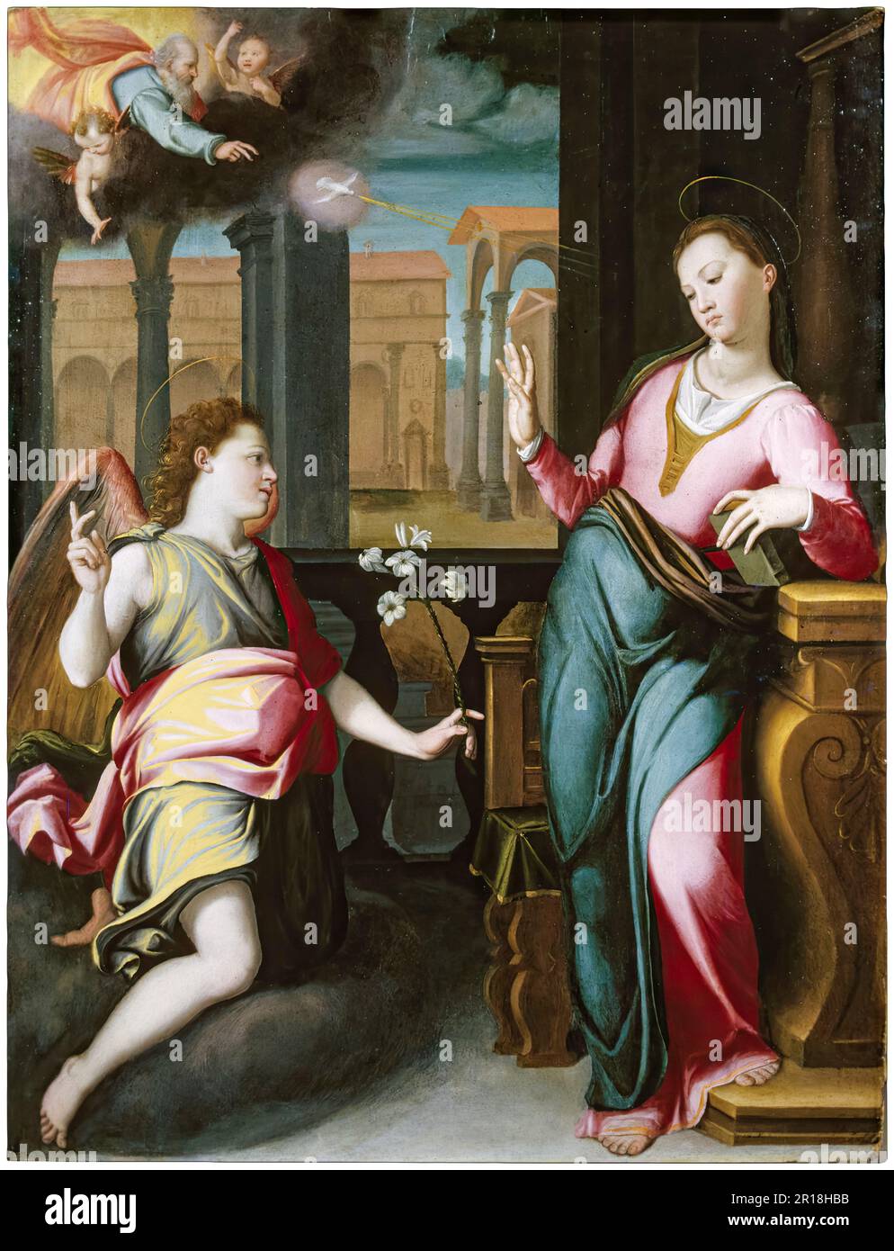 L'Annunciazione, dipinto ad olio su tavola di Santi di Tito, circa 1580 Foto Stock