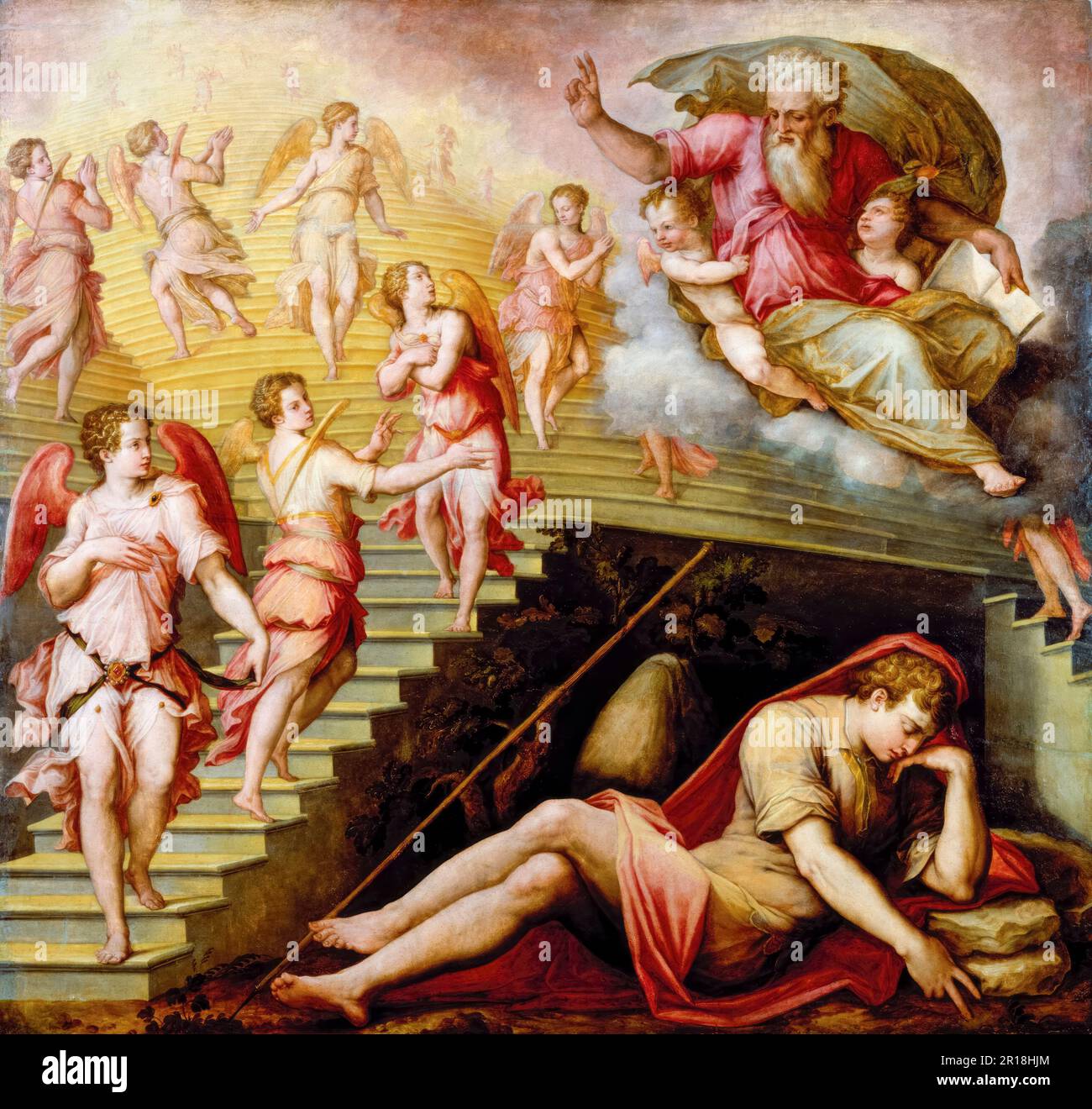 Il sogno di Giacobbe (la scala di Giacobbe), dipinto ad olio su tavola di Giorgio Vasari, 1557-1558 Foto Stock