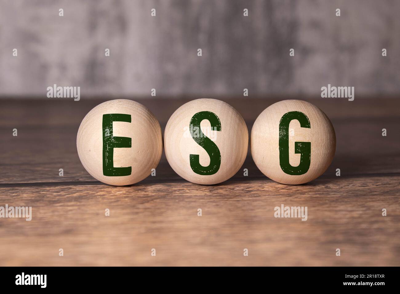 ESG - Environmental Social Governance - abbreviazione di blocchi di legno con lettere su sfondo grigio. riflessione della didascalia sul mirror Foto Stock
