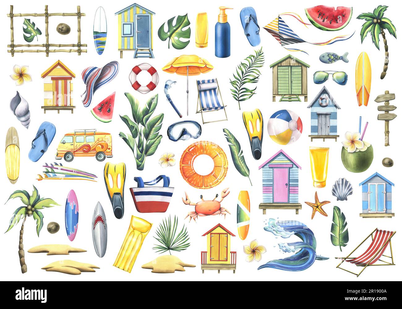 Una grande serie di foto con cabine da spiaggia, tavole da surf, vacanze estive e accessori per le vacanze. Illustrazione acquerello, disegnata a mano. Oggetti isolati Foto Stock