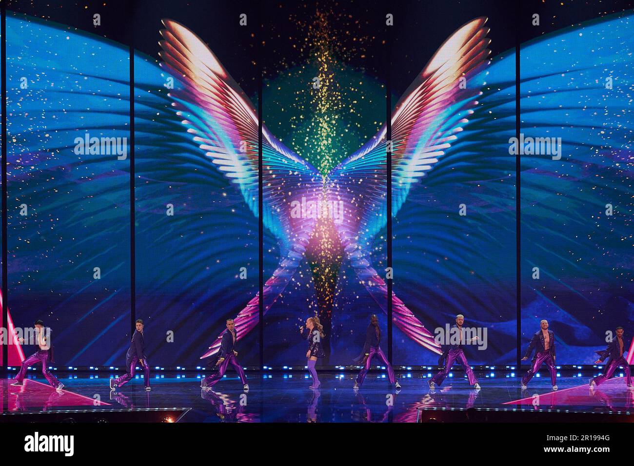 Liverpool, Regno Unito. 12 maggio 2023 . Sonia ha mostrato di esibirsi sul palco alla prova dell'abito per la Grande finale del Concorso di canzoni Eurovision tenutosi presso la M&S Bank Arena. Credit: Alan D West/EMPICS/Alamy Live News Foto Stock