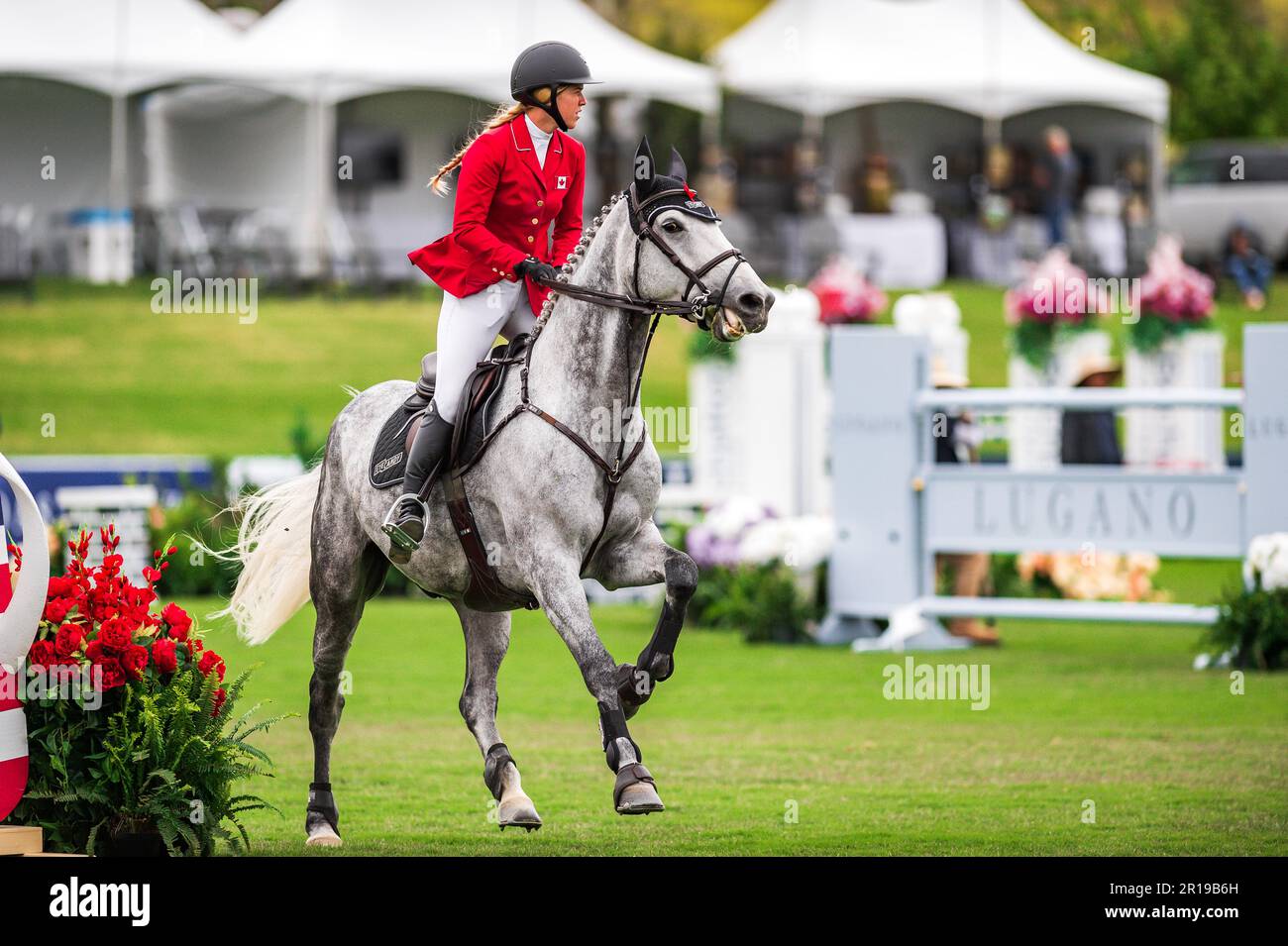 Il pilota del team Canada Jacqueline Steffens-Daly partecipa alla Coppa delle nazioni FEI 2023 a San Juan Capistrano, USA, il 11 maggio 2023. Foto Stock