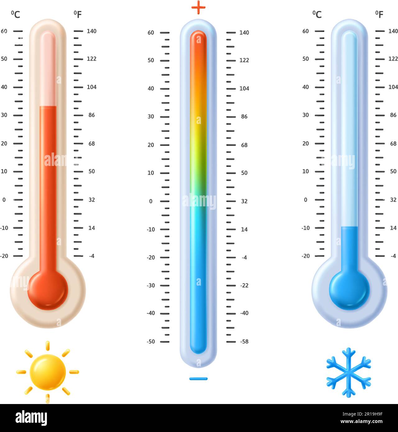 Termometri Fahrenheit e celsius. Scala dello spettro della temperatura con icone sole caldo e fiocco di neve freddo, misurazione meteorologica piatto vettore 3D Illustrazione Vettoriale