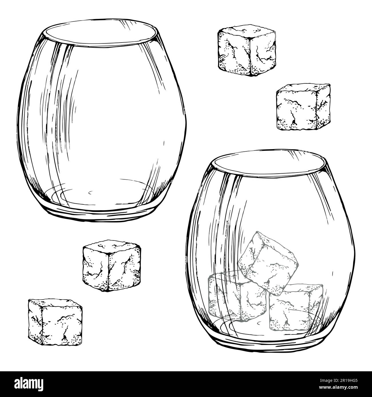 Schizzo vettoriale disegnato a mano con inchiostro di un oggetto isolato. Scotch whisky bicchiere vuoto con rocce. Simbolo scozzese bevanda Design per il turismo, viaggi Illustrazione Vettoriale
