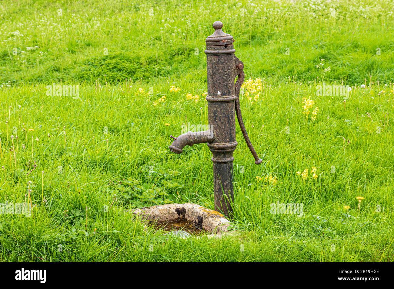 Una vecchia pompa dell'acqua di ghisa e una vasca di pietra sul verde nel villaggio Cotswold di Little Barrington, Gloucestershire UK Foto Stock
