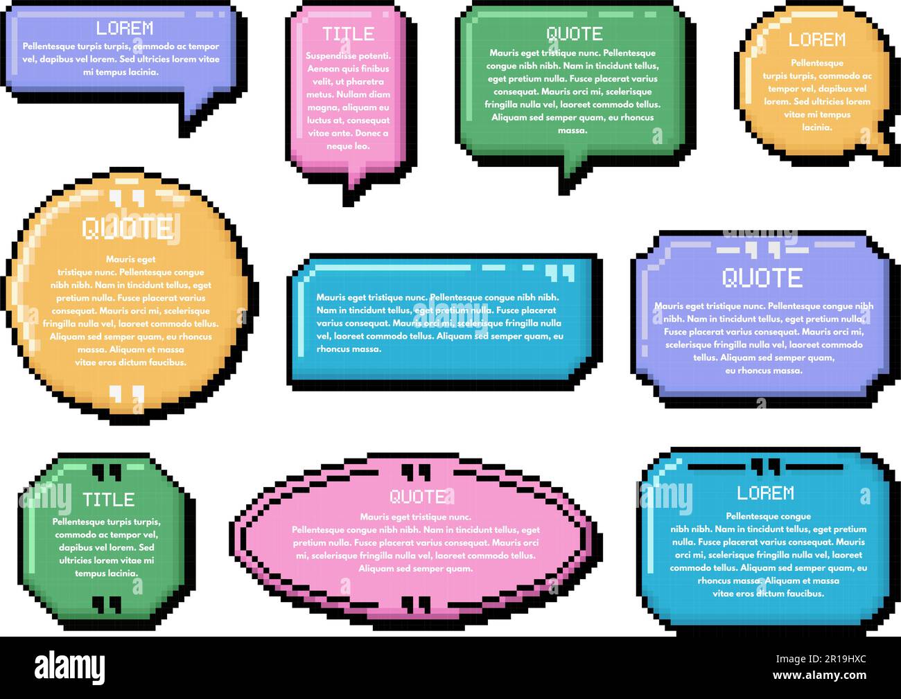 Bolla vocale pixel art. Finestre di dialogo, citazioni stile gioco arcade retrò a 8 bit e set di template vettoriali per frame di messaggi UI Illustrazione Vettoriale