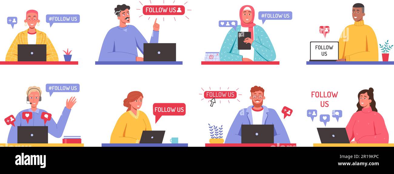 Seguici. Badge creativi per i social media con messaggio di offerta per iscriversi o unirsi alla community e al set di illustrazioni vettoriali dei personaggi dei cartoni animati Illustrazione Vettoriale