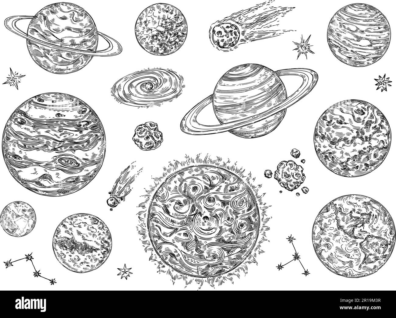 Disegna pianeti del sistema solare. Set di illustrazioni vettoriali per cometa, luna, stella, galassia e oggetti spaziali disegnati a mano Illustrazione Vettoriale