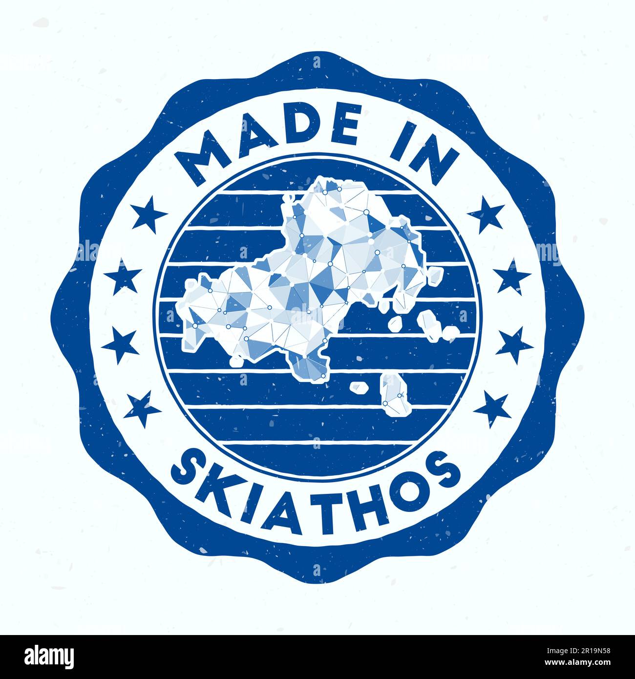 Prodotto a Skiathos. Francobollo rotondo dell'isola. Sigillo di Skiathos con profilo a bordo. Badge vintage con testo circolare e stelle. Illustrazione vettoriale. Illustrazione Vettoriale