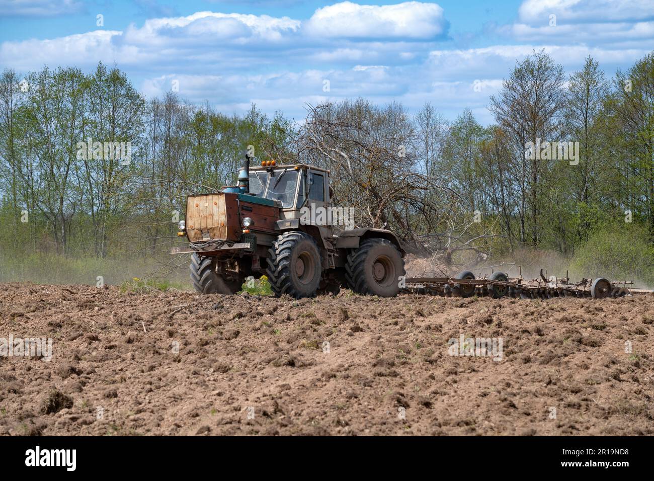 REGIONE DI PSKOV, RUSSIA - 07 MAGGIO 2023: Trattore sovietico T-150K su lavori agricoli in un giorno di sole maggio Foto Stock