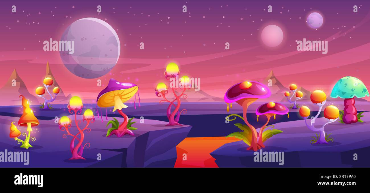 Superficie del pianeta a fungo fantasy. Foresta aliena, spazio magico mondo fungo e funghi giganti terra cartoni animati vettore sfondo panoramico illustrazione Illustrazione Vettoriale