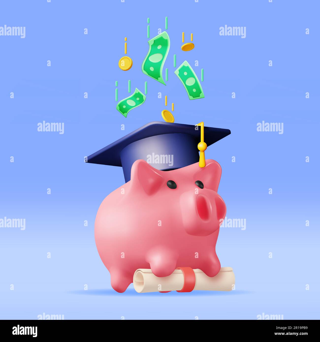 3D Banca Piggy con tappo di laurea, diploma, monete Illustrazione Vettoriale