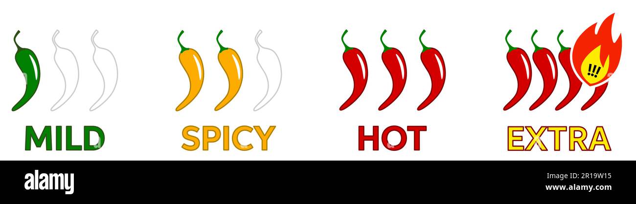 Scala di piccante per peperoncino o cibo piccante - icona verde, giallo e rosso pepe con il testo qui sotto Illustrazione Vettoriale