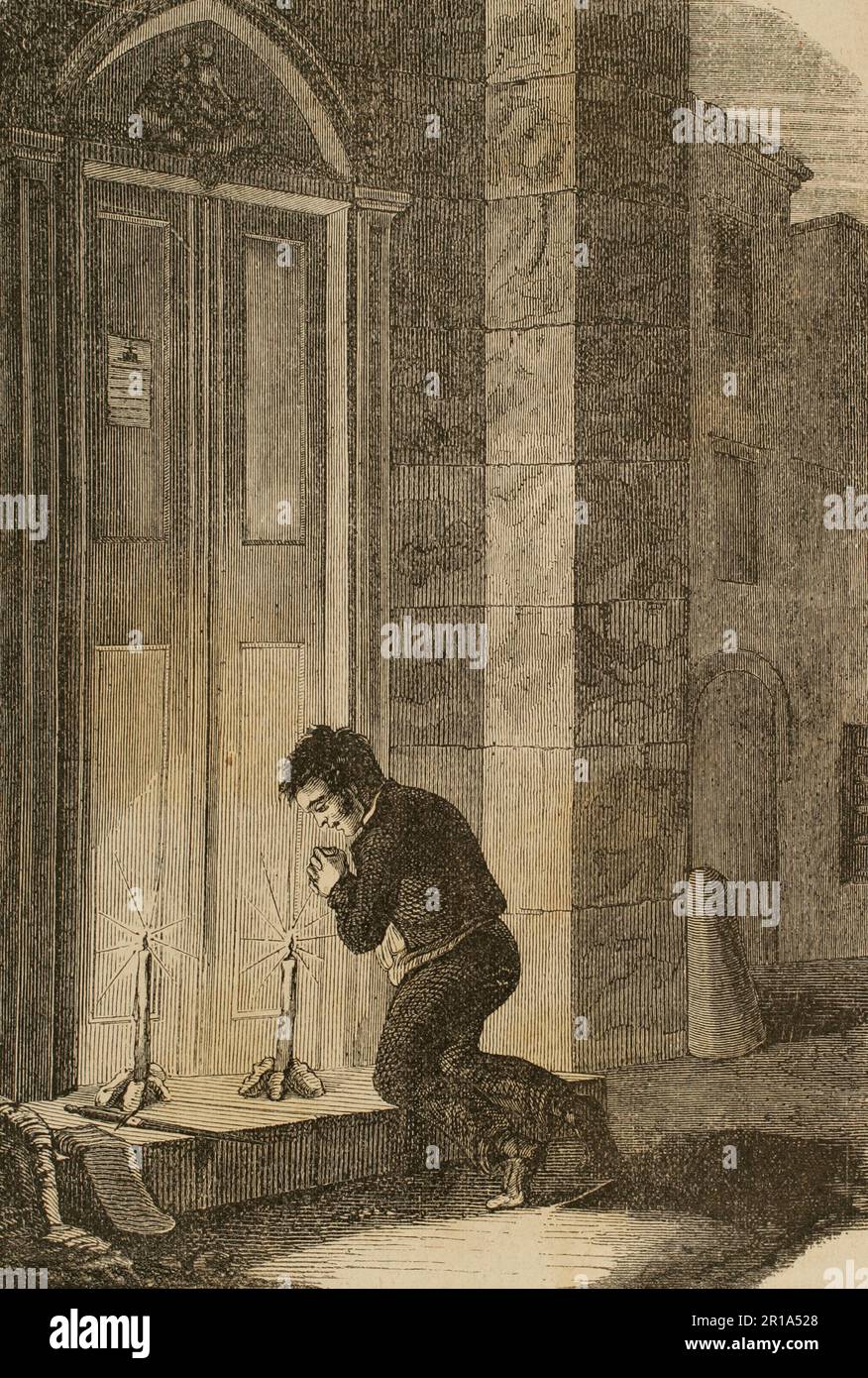 Joan Serra, conosciuto come 'el Pera' (1815). Bandito catalano che terrorizzò gli abitanti della zona intorno alla città di Valls (provincia di Tarragona, Catalogna). Serra uccise le sue vittime senza rubare nulla da loro, solo per il piacere che gli diede, come egli stesso confessò prima di essere giustiziato. Inoltre, dopo aver commesso un omicidio, si recò a Valls di notte, inginocchiandosi davanti alla porta dell'Esglèsia del Carme (Chiesa di nostra Signora del Monte Carmelo), accendendo un paio di candele e pregando la Vergine per sé e per le sue vittime. Dopo essere stato imprigionato, il 19 dicembre 1815 ha wa Foto Stock