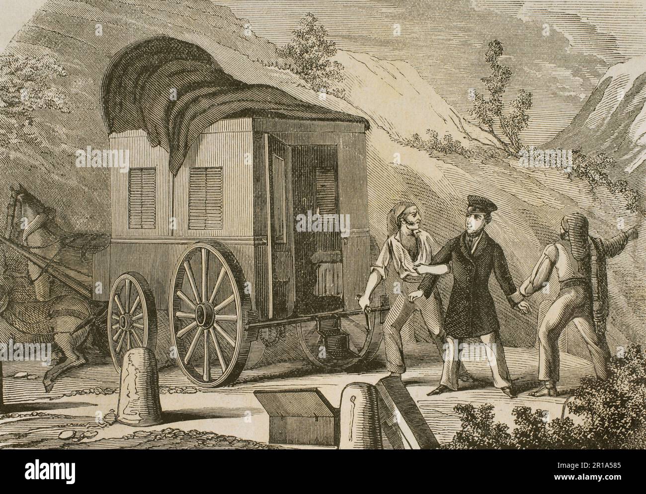 Di notte, il 19 luglio 1846, sulla strada tra Bell-lloc ed Els Alamús, vicino a Tossal de la Moradilla, otto banditi armati hanno assalito il corriere-diligenza che veniva dall'Hostal de les Soques de Bellpuig, un'importante locanda. La diligenza portava l'ex parlamentare Francesc Perpinyà i Massot, rapito per chiedere un riscatto per la sua liberazione. I banditi iniziarono un viaggio a piedi attraverso la pianura di Lleida per portarlo in un luogo dove potevano tenerlo nascosto. Il 27 luglio 1846, il corpo di Perpinyà è stato trovato in un pozzo vicino a Margalef. Jaume Banqué Bas, conosciuto come 'lo Parro Foto Stock