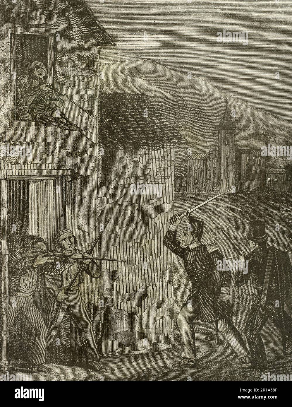 Storia del banditismo. Catalogna, 19th ° secolo. "Arrendersi, ha detto il caporale Vidal, o altrimenti tutti periranno sul posto". Incisione. Historia de las Escuadras de Cataluña, 1876. Foto Stock