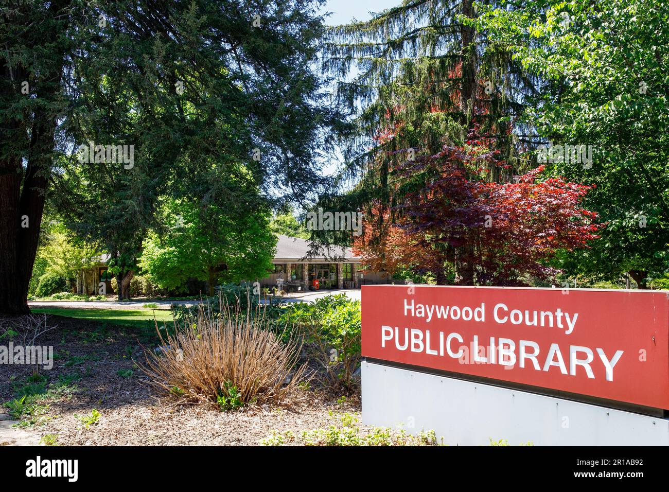 WAYNESVILLE, NC, USA-4 MAGGIO 2023: Haywood County Public Library, cartello monumento, vista dell'edificio attraverso il fogliame colorato. Foto Stock