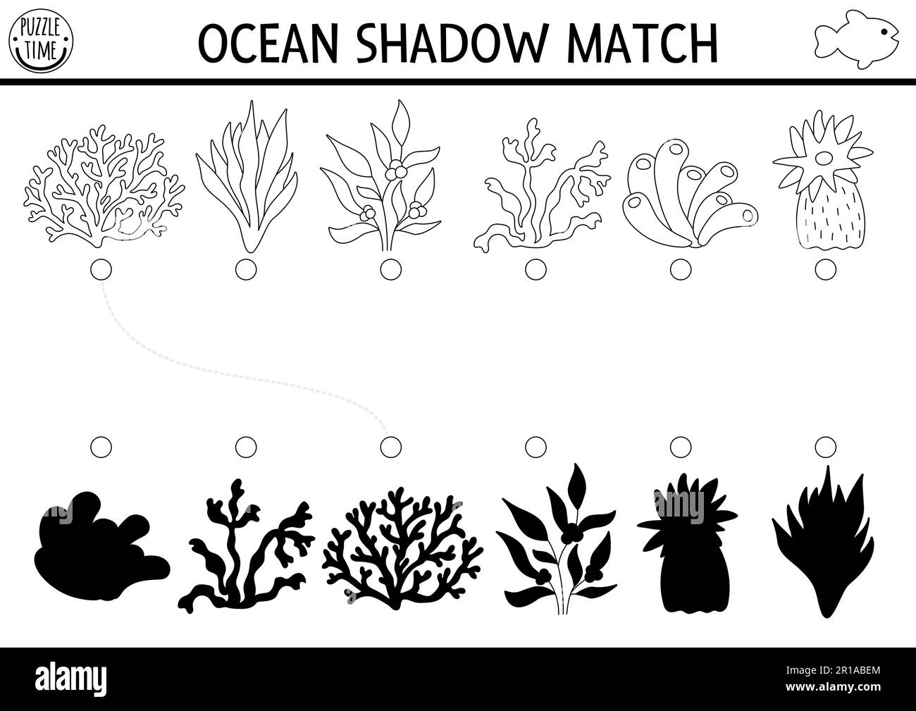 Sotto il mare attività di corrispondenza delle ombre bianche e nere. Puzzle Ocean line con alghe carine. Trova il foglio di lavoro o il gioco corretto stampabile della silhouette. Wat Illustrazione Vettoriale