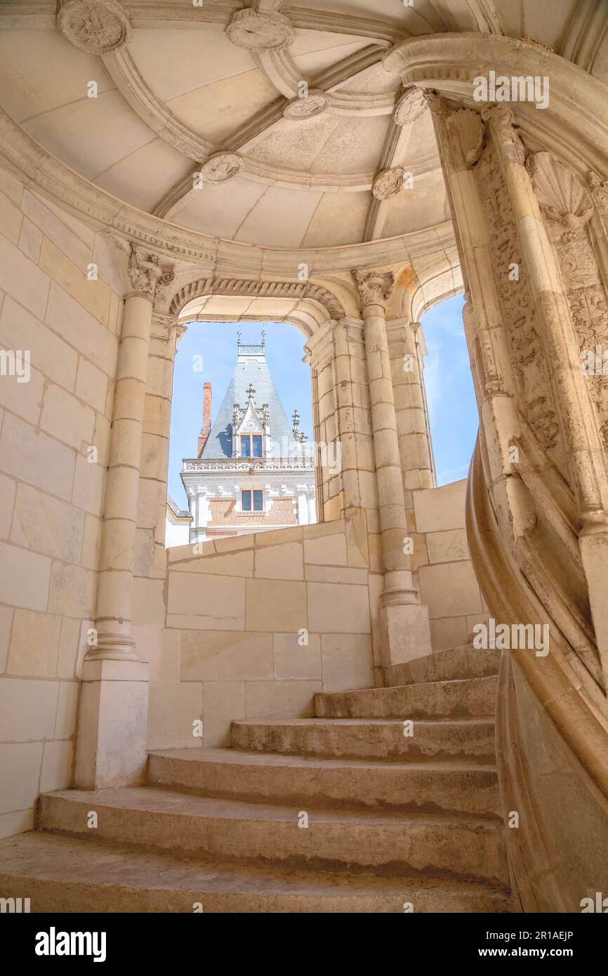 Francois i scala a chiocciola all'interno del Château de Blois, Valle della Loira, Francia Foto Stock